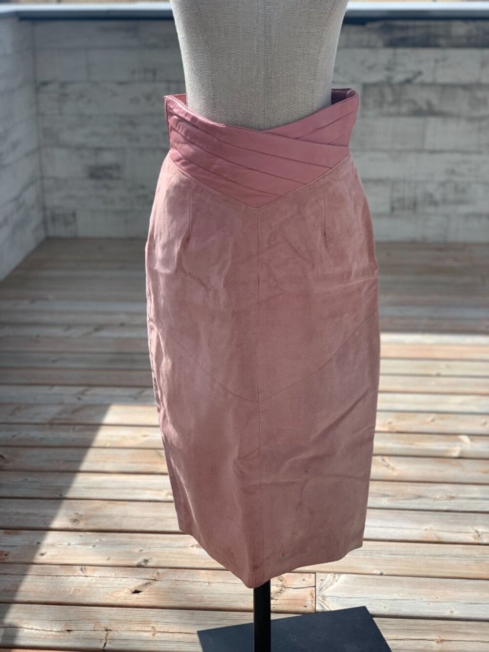 Vintage Danier Suede Leather Pencil Midi Skirt 10 Pink High Corset Waist 80s 90s